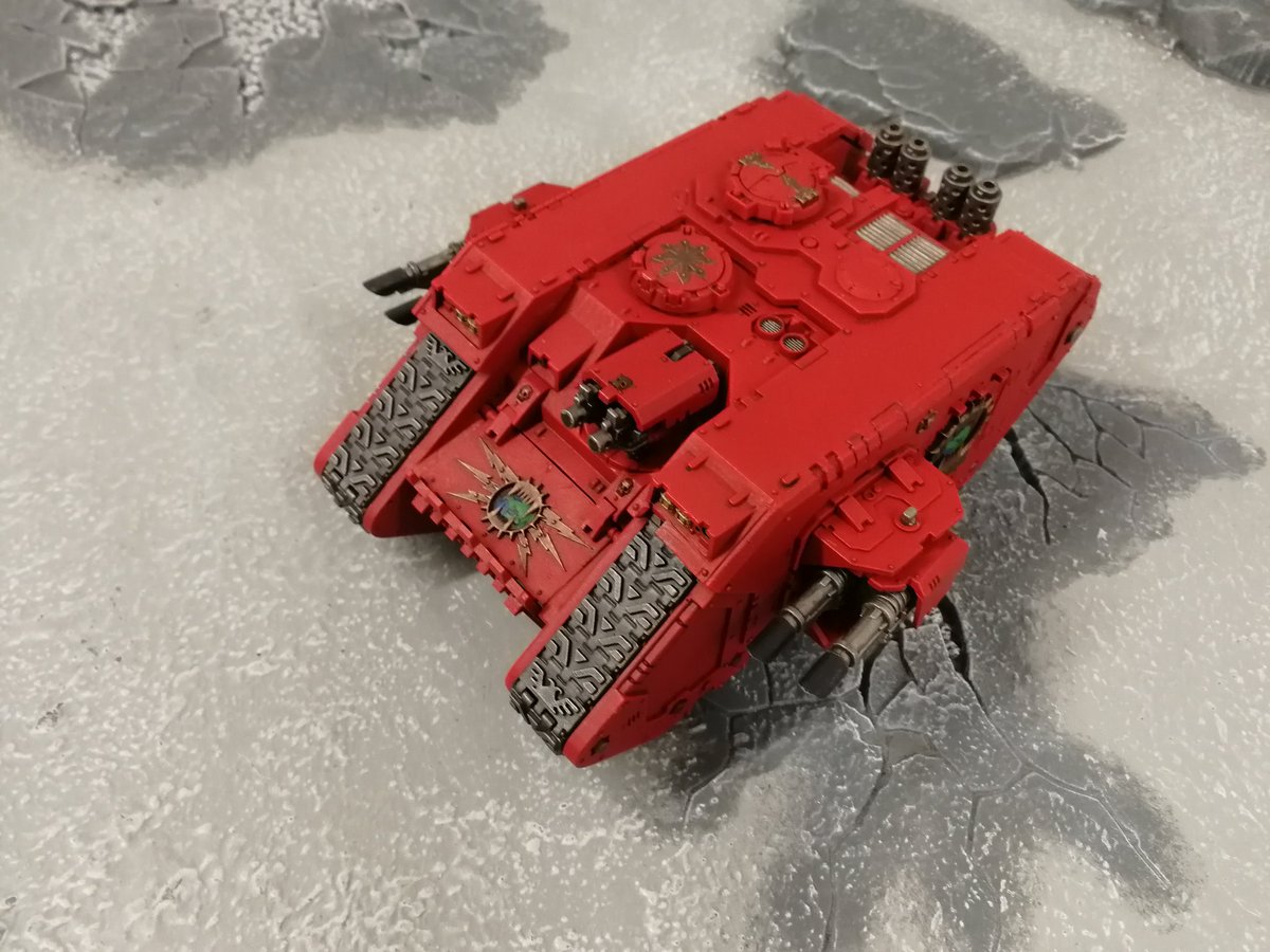 battlebunkerltd's tweet photo. Land Raider is finished bar the the scope things that go on top of sponsons, can't seem to find them and not a fan of spikes. #PaintingWarhammer #warhammer40k #warhammer #worldeaters #khorne https://t.co/ZTYBmIEDXU