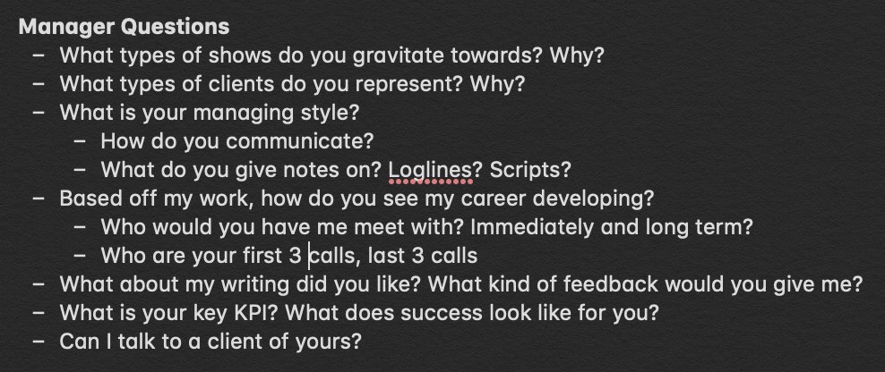 So a manager has asked to meet you! Awesome. Now that you know what you need, try mapping those values to questions that you can ask in the room. Here are some of mine.The conversation will wander. That's ok. Remember, you're also there to see if they're a good fit for you!