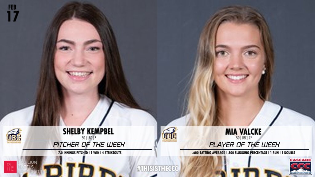 Congrats to this week's <a href="/RedLionHotels/">Red Lion Hotels</a> Softball Players of the Week, both from <a href="/ubctbirds/">UBC Thunderbirds</a>. #ThisIsTheCCC