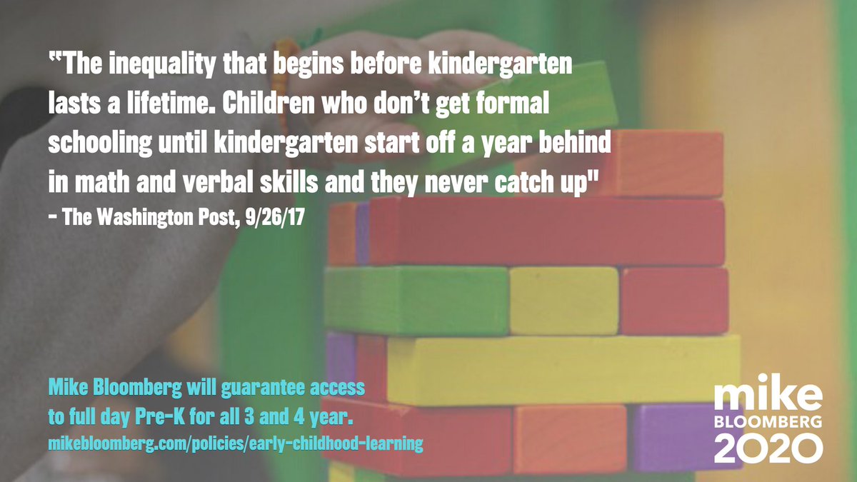 MikeBloomberg's tweet image. We will:

✅Guarantee access to full day Pre-K for all 3- and 4-year-olds so every child is ready to succeed in kindergarten.

✅Make child care more affordable for working families.

✅Raise pay for child care workers, professionalizing and standardizing the child care industry.