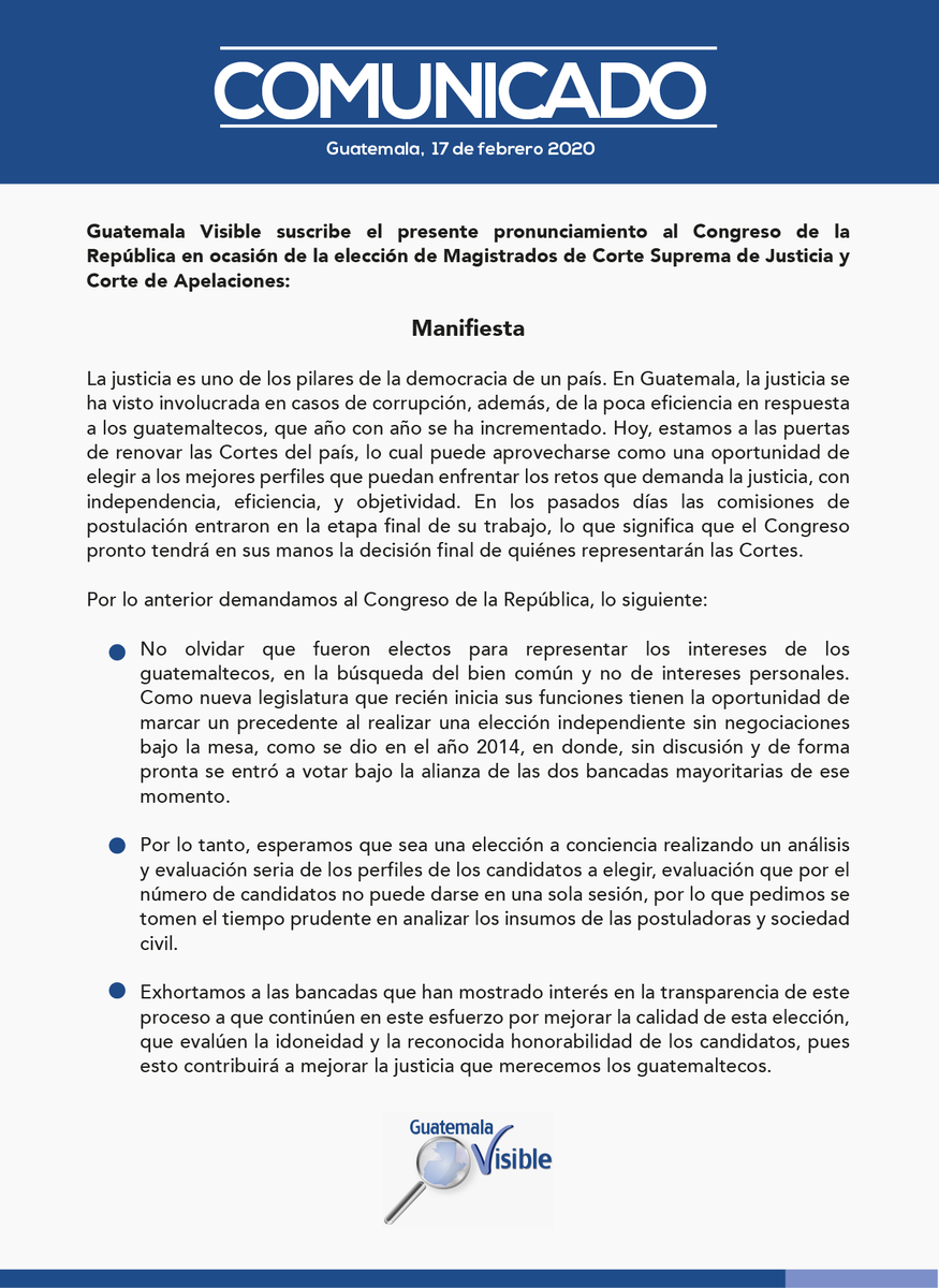 guatevisible's tweet photo. #PostuladoraVisible 🔍
Ante la importante y trascendental elección de Corte Suprema de Justicia y Corte de Apelaciones, Guatemala Visible hace el siguiente llamado al @CongresoGuate
#SalasIntachables #CSJIntachables https://t.co/CQOrGhvKft