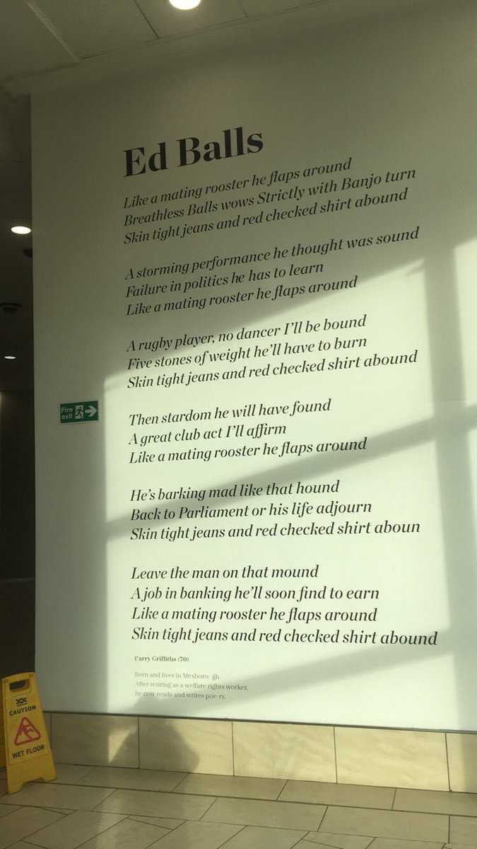 The first thing you see when you walk into Doncaster’s main shopping centre is a poem by Barry (70) about Ed Balls wearing skin tight jeans