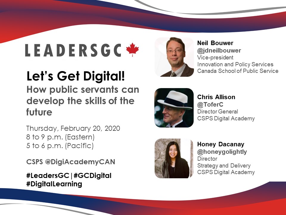 The next #LeadersGC chat on #DigitalLearning in the federal public service is only 12 hours away! Are you ready to chat with our special guests from the <a href="/DigiAcademyCAN/">CSPS Digital Academy</a>? #GCDigital