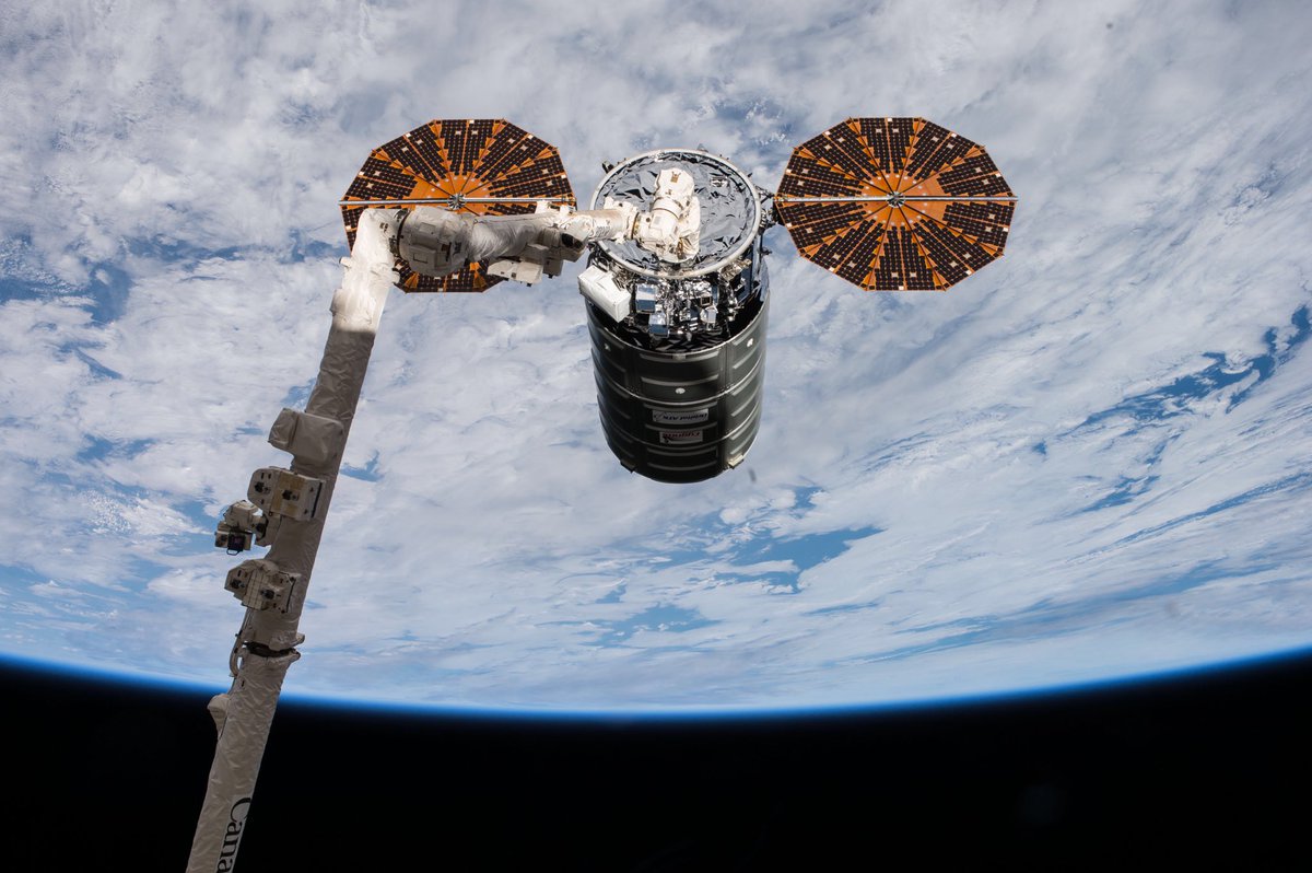 Space_Station's tweet photo. The #Cygnus cargo craft from @NorthropGrumman is on its way to the station where it will be captured with the Canadarm2 robotic arm controlled by @astrodrewmorgan at about 4am ET on Tuesday. Live @NASA TV coverage begins at 2:30am. https://t.co/yuOTrZ4Jut https://t.co/AxBgksEutv