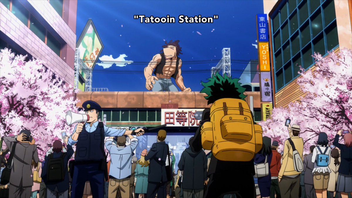 Excellent use of colour! Plus cool "camera technique" pulling back away from the giant hero and through the crowd to the back where Deku is. The hero he is looking up at actually turns in his direction right when the camera puts him (Deku) into view. Interpret that as you wish.  https://twitter.com/notsohumbleace/status/1228774891689828353