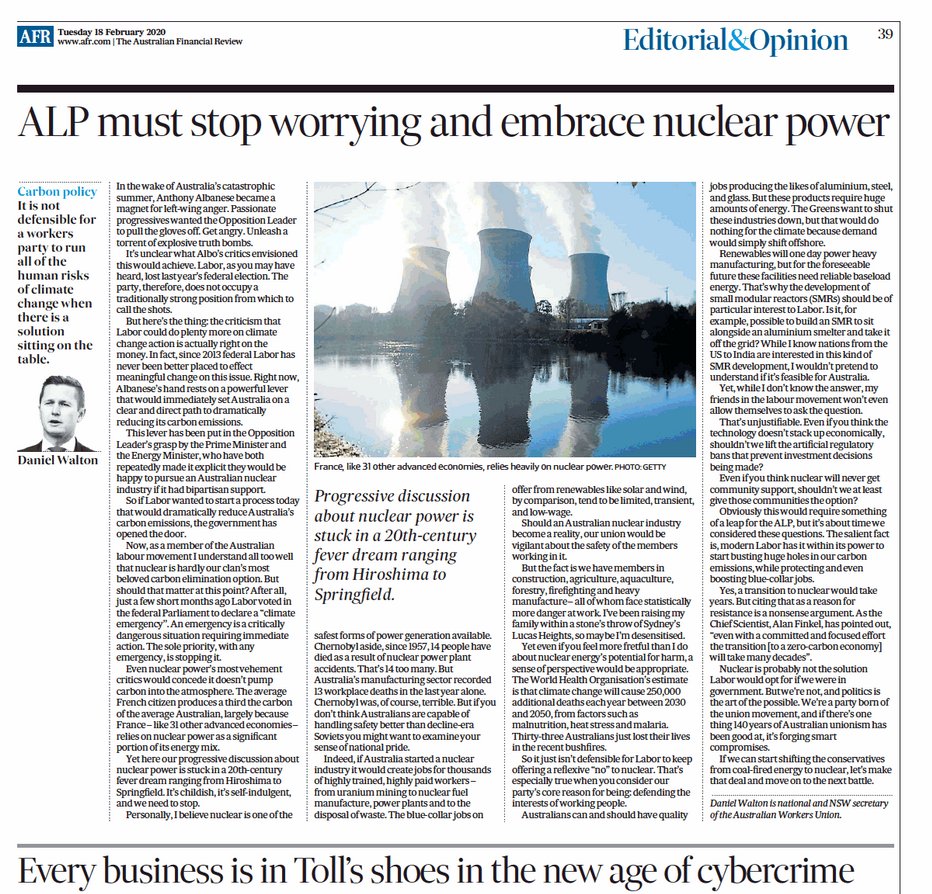 4432AUS's tweet photo. The @ALP is not in Government, clearly, but they have an enormous opportunity to act on climate change and reduce emissions

An Australian nuclear industry would create thousands of high paid, high skilled jobs, from uranium mining to fuel production &amp; power plants

@AFR today👇 https://t.co/zva536gIpb