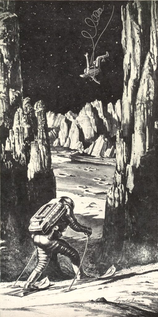 Lunar dust skis are used in #RobertAHeinlein's 1949 story "Nothing Ever Happens on the Moon," ably illustrated by #ReynoldBrown for BOYS' LIFE in April & May issues.