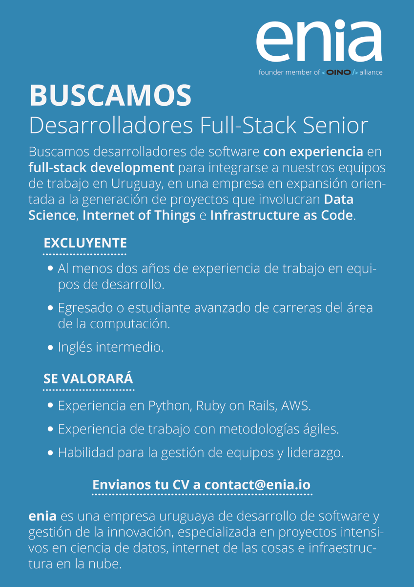 enia_uy's tweet photo. #WeAreHiring Buscamos desarrolladores full-stack senior para integrarse a nuestros equipos de trabajo en #Uruguay https://t.co/srnfvV4f1P