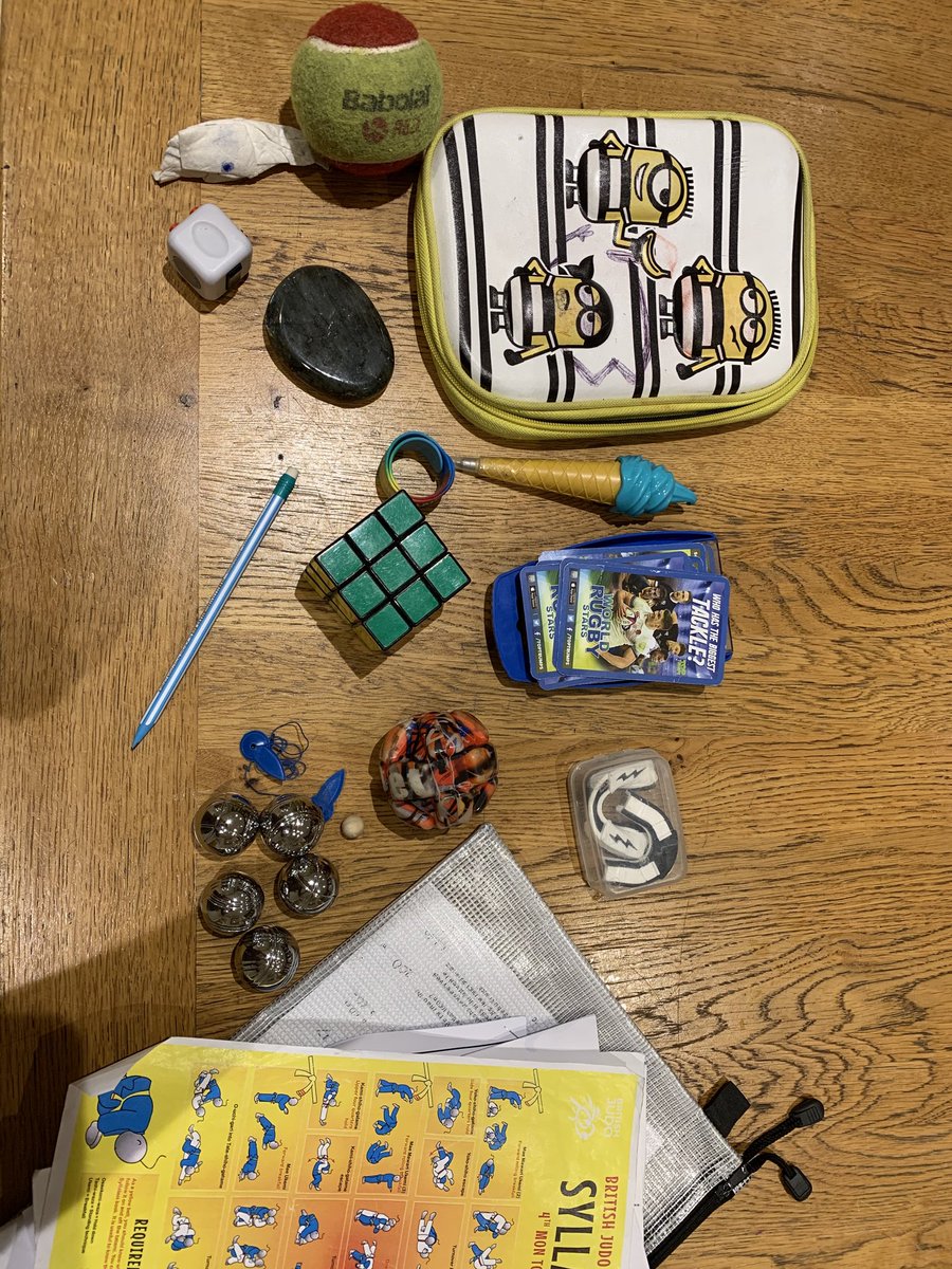 DrNatalieG's tweet photo. Just emptying my 9 year old son’s bag at half term - full of essential items - Rubik’s cube, mini boule set?? Tennis ball, lucky stone, rugby top trumps, snap band, wonky ball, minions pencil case (feel like I’m in the generation game!) #happydays #typicalboy #HalfTermbliss https://t.co/pKJNPPRxTq