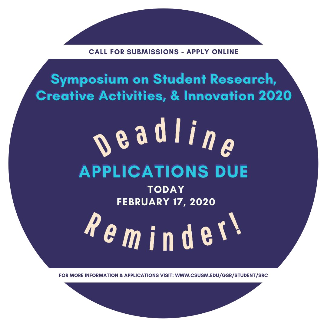 csusmogsr's tweet photo. โATTENTION CSUSM STUDENTS โ
Applications for #Symposium2020 are due TODAY, so make sure to get your submissions in before 11:59 pm TONIGHT, or else ๐คจ(We're just really excited about the symposium and we can't wait to hear about your research! ๐
๐) ๐๐พ
.
.
#csusm #csusmogsr https://t.co/691vFRtdSE