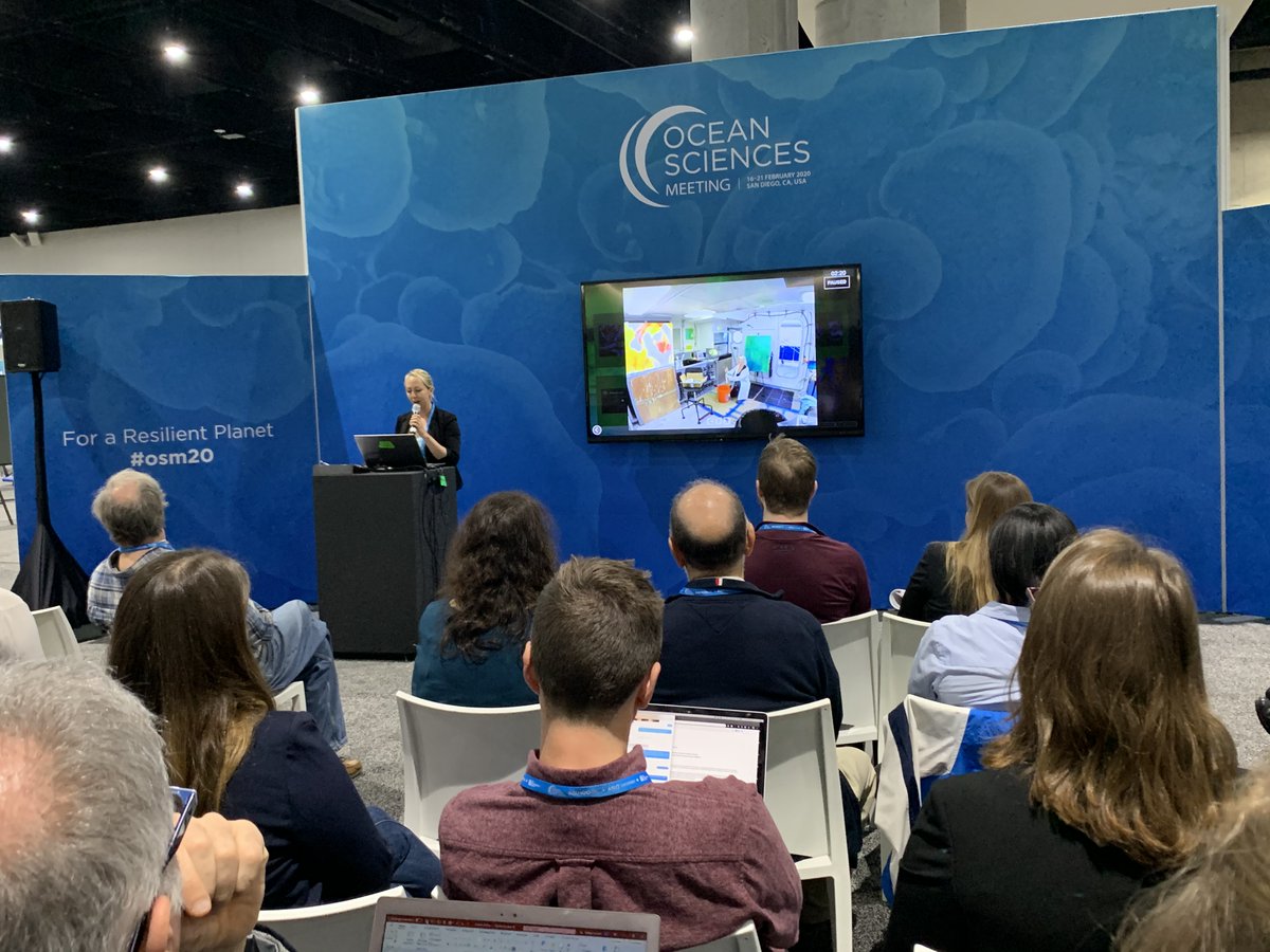 SchmidtOcean's tweet image. Lily Simonson used ROV SuBastian&apos;s manipulators to paint! Here she speaks at SOI&apos;s #OSM20 Arts in Science morning session. Come see #ArtistAtSea exhibit TODAY at Ocean Sciences ~ we have 4 artists here! #OSM2020 schmidtocean.org/cruise/charact…