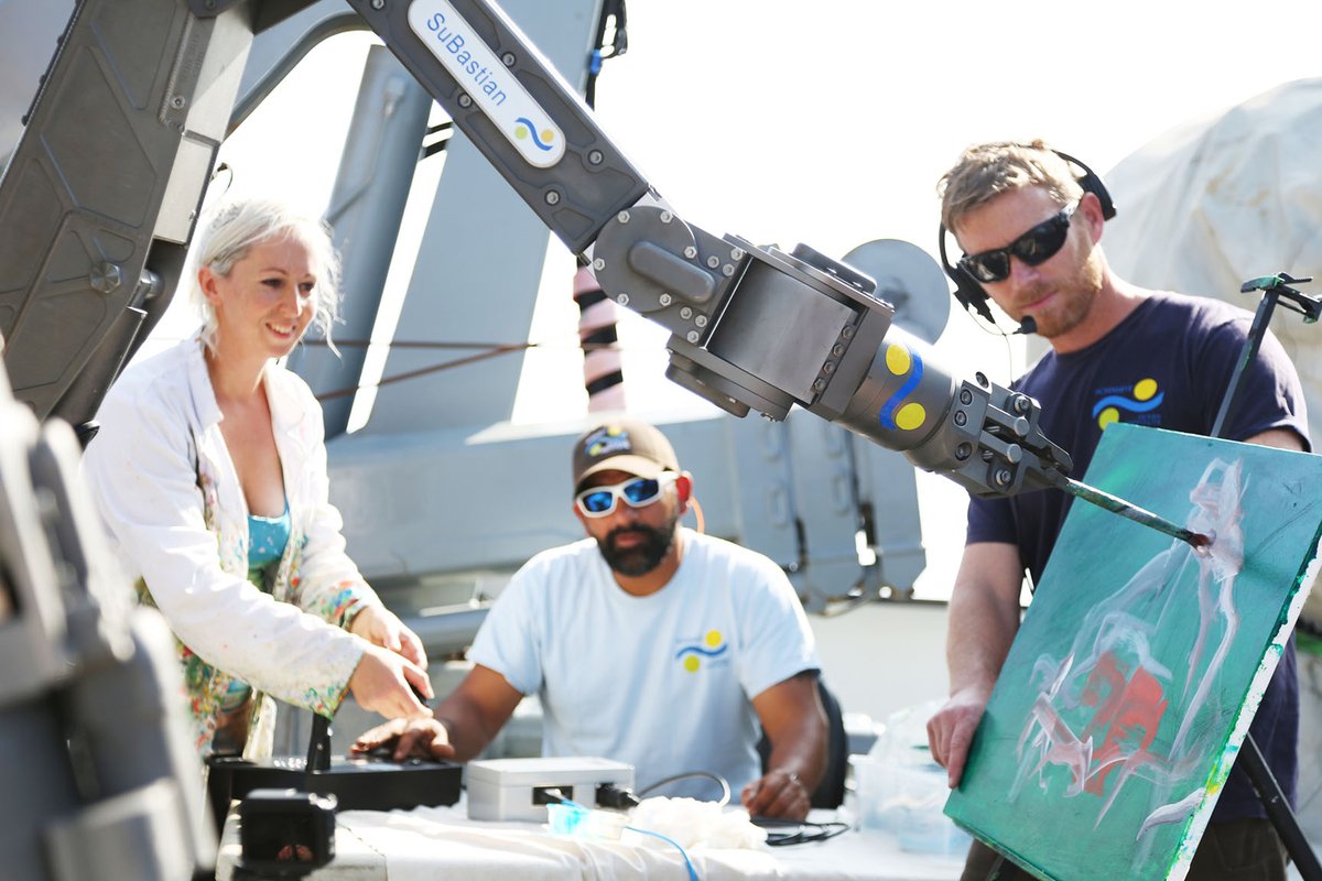 SchmidtOcean's tweet image. Lily Simonson used ROV SuBastian&apos;s manipulators to paint! Here she speaks at SOI&apos;s #OSM20 Arts in Science morning session. Come see #ArtistAtSea exhibit TODAY at Ocean Sciences ~ we have 4 artists here! #OSM2020 schmidtocean.org/cruise/charact…