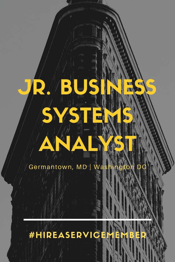 ohio_esgr's tweet photo. #hiring Jr. #BusinessSystemsAnalyst in  #WashingtonDC, D.C. or #GermantownMD
For full job description - https://t.co/h77vvarky3
For immediate placement, contact Eboni – https://t.co/Uwvr0LjoRh
#HireAServiceMember #NGESP #Amyx #HireMilitary #JobSearch #MilitaryJobs #AnalystJobs https://t.co/rPncEJrsyQ