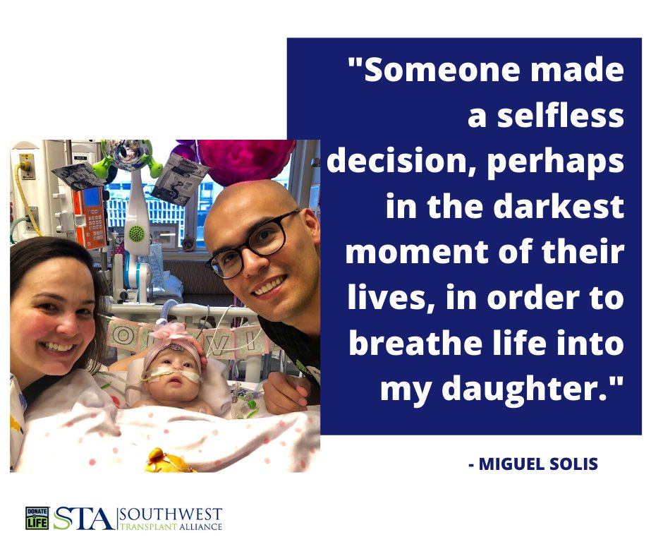 SWTransplant's tweet photo. Olivia Solis received a heart transplant at just 3 months old, &amp; her heart has been beating strong ever since. Her dad, Miguel, is grateful every day for Olivia's heroic organ donor. "That family needs to know what that selfless decision means to us." #OutliveYourself #HeartMonth https://t.co/auNA601djQ