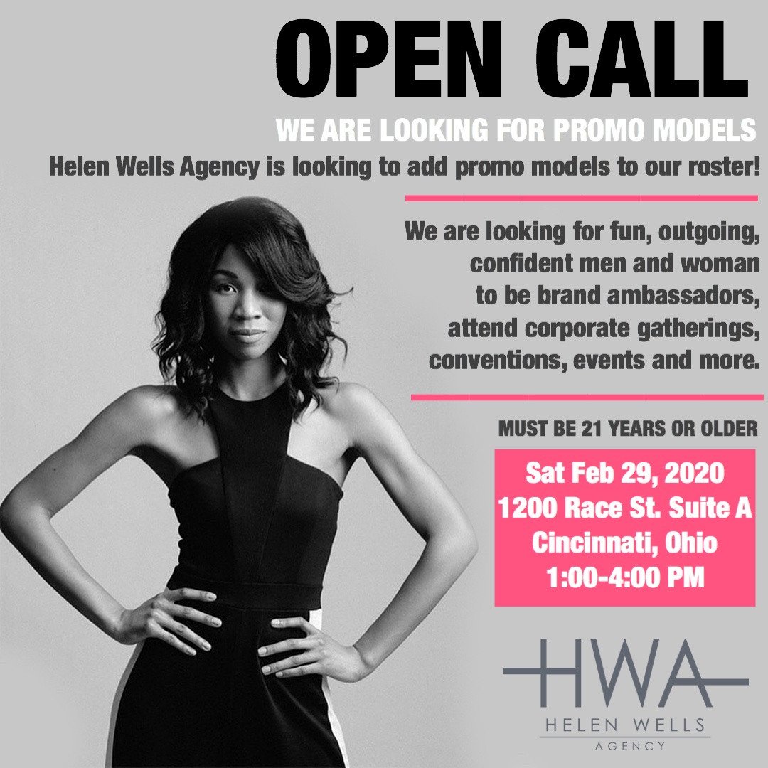 Our Cincinnati office is looking to add new male &amp; female Brand Ambassadors &amp; Promotional Models to our roster! Open call is Feb 29th, 1-4PM at 1200 Race St, suite A in Ohio. Questions? Email frontdesk@helenwellsagency.com #cincinnatimodels #ohiomodels #opencall #cincinnatiactors