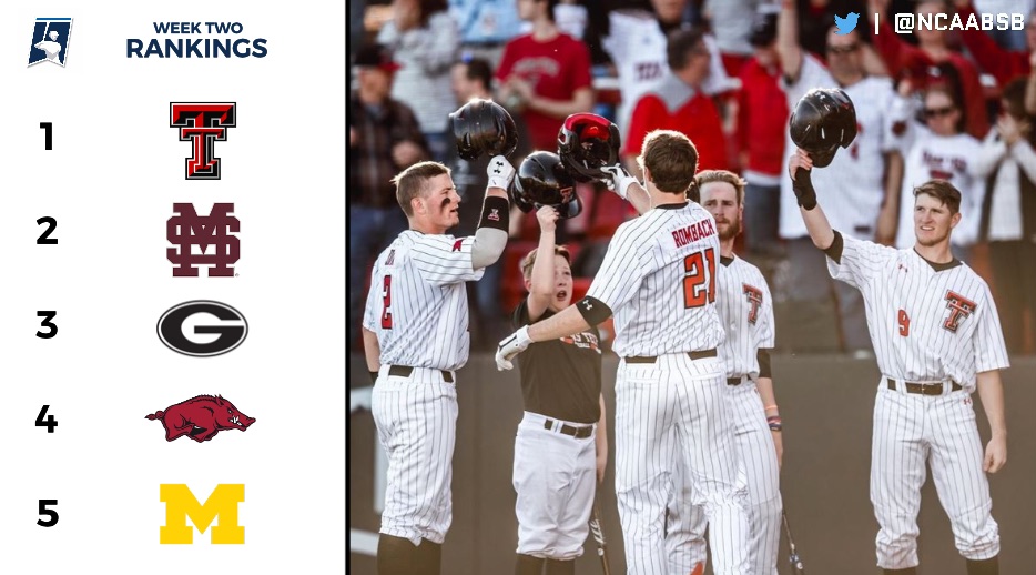 NCAABSB's tweet photo. WEEK TWO RANKINGS:

1. @TTU_Baseball 
2. @HailStateBB 
3. @BaseballUGA 
4. @RazorbackBSB 
5. @umichbaseball 

1-25: ⤵️ 
https://t.co/Z6BZ7oJQrc https://t.co/yt208yUGZt