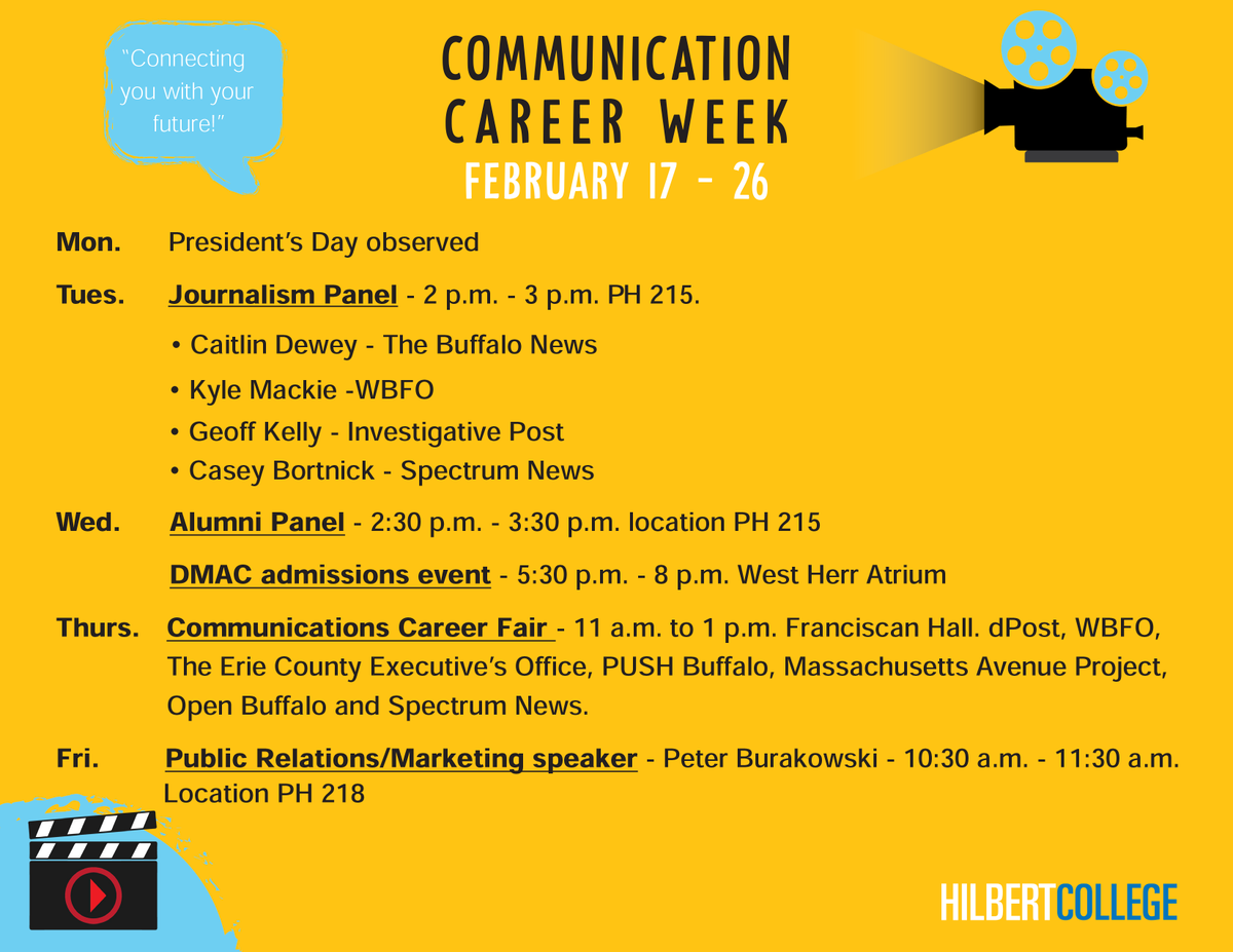 WorkingHawks's tweet photo. Hilbert students, check out the Communications Career Week events happening this week! #HireAHawk #TheHilbertDifference https://t.co/cWUb35bUoD