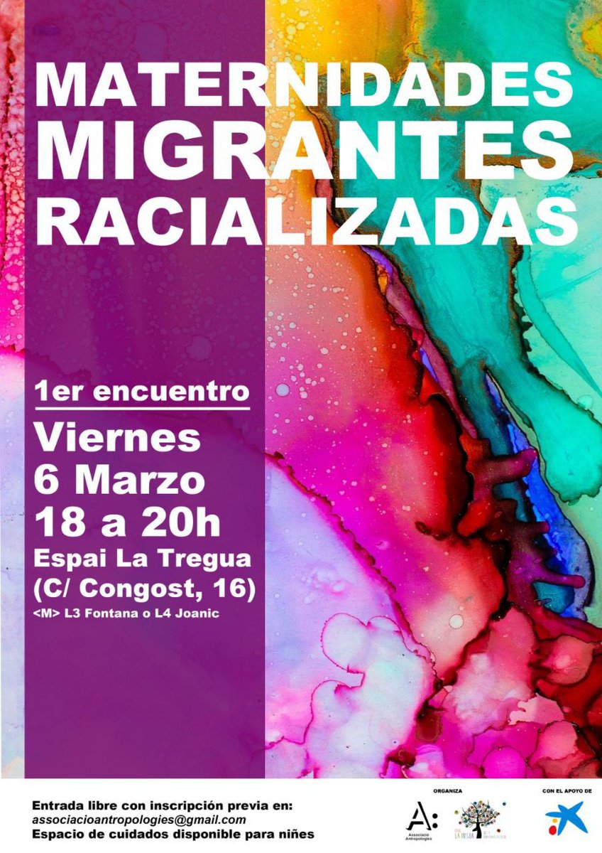 #Barcelona
📢1er. Encuentro de MATERNIDADES MIGRANTES RACIALIZADES DIVERSES
🗓️Viernes #6mar20 18hs
📍En <a href="/Espailatregua/">La Tregua coop #RegularizacionYa</a>  – c/ Congost 16 (L3yL4)
Actividad gratuita😃
Habrá espacio de cuidados para niñes
Les esperamos! 🙌
<a href="/ramiaschannel/">ramiaschannel</a> <a href="/AfrofemKoop/">AfroFem Koop</a>