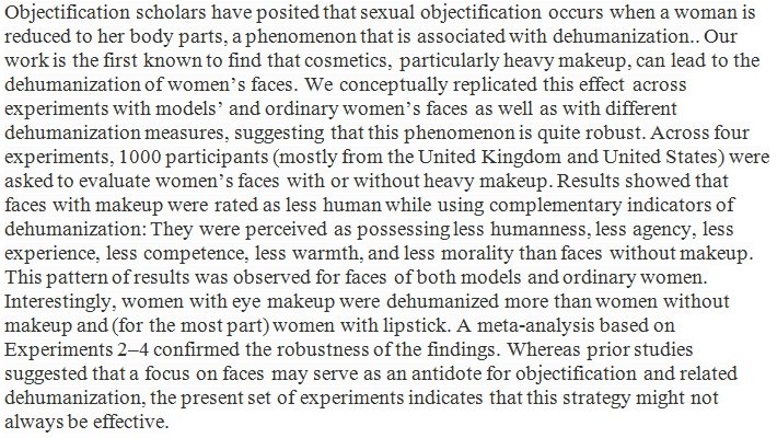  Rostos de mulheres com maquilhagem carregada são classificados como "menos humanos".via  @DegenRolf  https://link.springer.com/article/10.1007/s11199-019-01115-y