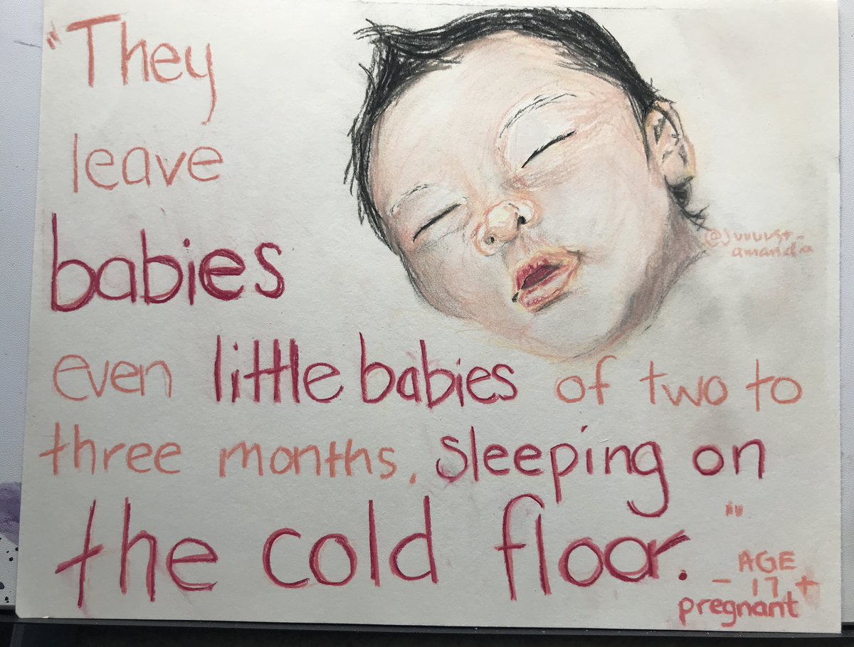 Day 3: "They leave babies, even little babies of two or three months, sleeping on the cold floor. For me, because I am so pregnant, sleeping on the floor is very painful for my back and hips. I think the guards act this way to punish us.”M, 17, Honduras https://nomorekidsincages.wordpress.com/2019/10/03/day-3-july-20-2019/