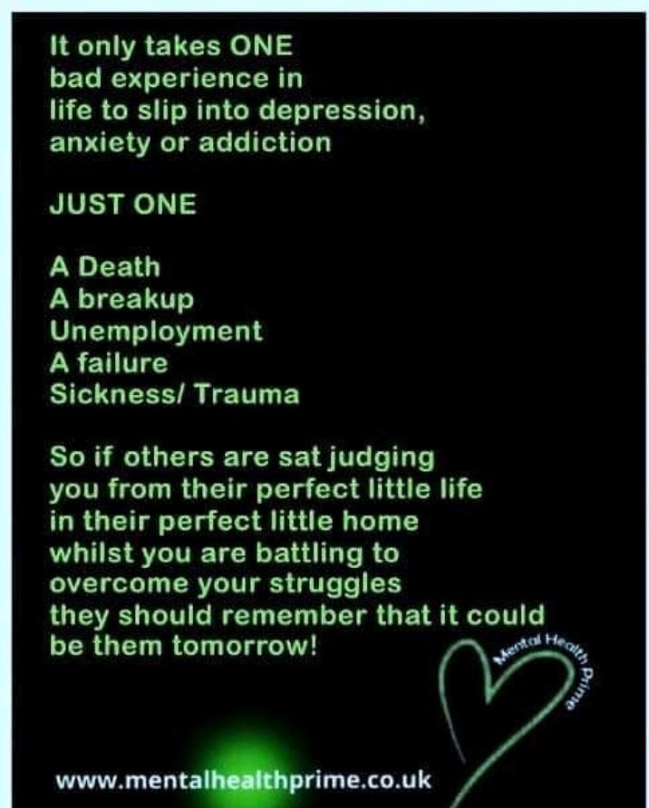 Garyp58's tweet photo. Some people judge without knowing so before you bad mouth someone because you think they've 
"Got one on them" or "Got a face on them" just step back for a moment because it could be something far worse than that
#thinkfirst #stopjudging https://t.co/Nu6g02ToUA