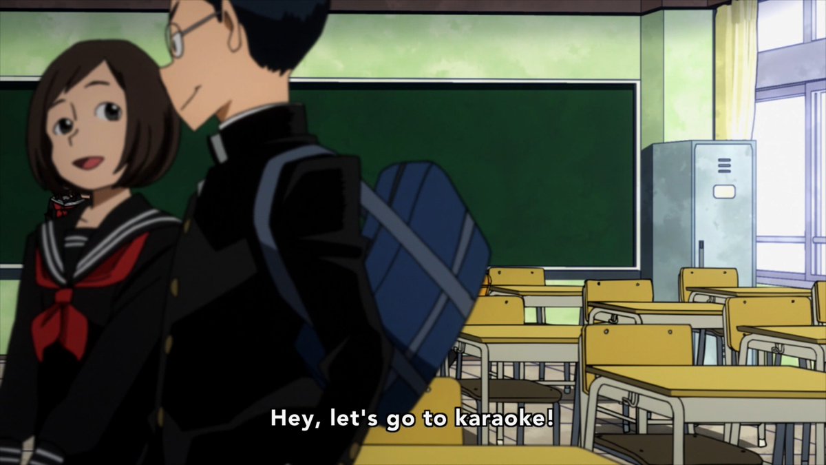Very short sequence of mini-events that communicates a lot: 1. That the classmates do normal things like karaoke in this world of Quirks and heroes2. That Deku lacks friends3. High-tech and social media exist in this world & are casually used4. Deku is a good boy