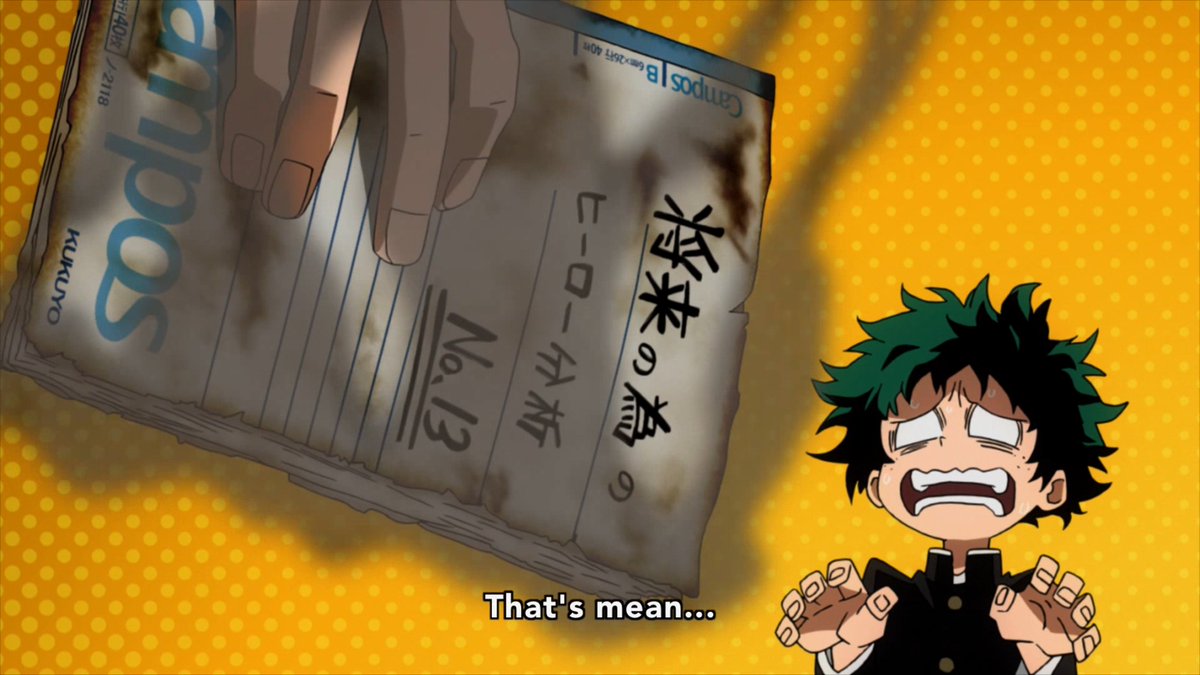 Oh yeah, Bakugo is a weak-ass punk. Can't even disintegrate a notebook with his explosions (I don't believe he'd hold back considering how dead-set he is on crushing Deku's dreams of entering U.A.)
