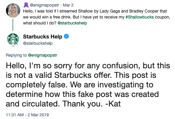 29. lady gaga fans creating a fake starbucks promoting to help boost "shallow" on the charts