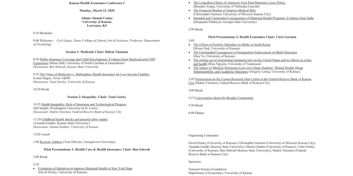 Thrilled to release a draft schedule for the 1st #KansasHealthEconomicsConference #KHEC. Excited to see @KUProvostCarl <a href="/MarieCHull/">Marie Hull</a> <a href="/LauraDague/">Laura Dague</a> <a href="/DidemTuzemen/">Didem Tuzemen</a> @mandy_gaulke <a href="/bdtimpe/">Brenden Timpe</a>  <a href="/cjrhgarmon/">Chris Garmon </a> <a href="/hoa_vuxuan/">Hoa Vu</a> <a href="/LeungEcon/">Gregory Leung</a> and others.  Thanks <a href="/NSF/">U.S. National Science Foundation</a> <a href="/KU_Economics/">KU Economics</a> <a href="/KU_IPSR/">Institute for Policy & Social Research</a> for your support