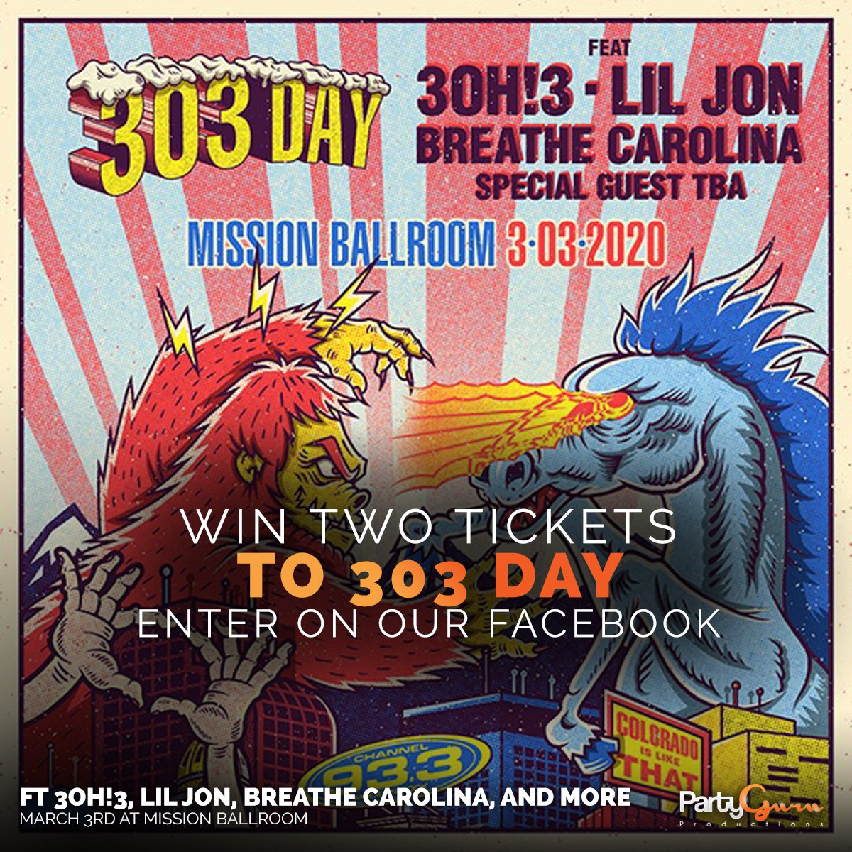 BacardiDestiny's tweet photo. What better way to spend 303 Day then with a bunch of amazing hometown artists throwing down at the @missionballroom?! Enter below to win FREE tickets to see Lil Jon, Breathe Carolina and 3OH3 on March 3rd! https://t.co/mAtHydiFGT https://t.co/BvqgsBuJ88