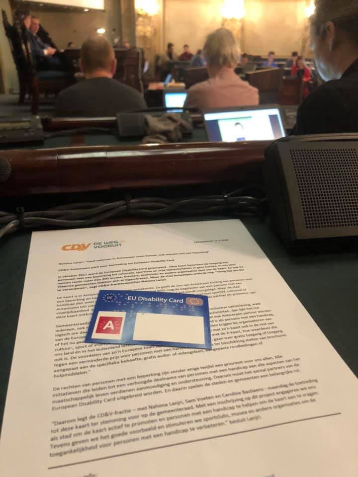 NahimaLanjri's tweet photo. Antwerps College ziet wel wat in onze motie #EuropeanDisabilityCard. Men wil echter eerst onderzoeken hoe de lokale A-kaart hierin past. Dat is jammer. https://t.co/xnZRPLlg9t