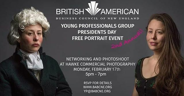 Come on down! Tonight, Tonight, Tonight!

Join us tonight at @hawkephoto for the 2nd Annual British American Business Council of New England's Young Professionals Group Presidential Portraits!

February 17th
Time: 5-7pm
Location: 50 Terminal Street, Buil… ift.tt/2HyWadi