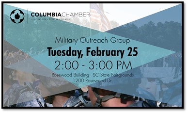 Join us for the <a href="/ColaChamber/">Columbia Chamber</a> Military Outreach meeting Tues, Feb 25 to hear local military leaders provide an update on the service and activities of our men and women serving at home and around the globe <a href="/fortjackson/">Fort Jackson</a> <a href="/SCNationalGuard/">SC National Guard</a>  <a href="/theSCANG/">SC AirNationalGuard</a> <a href="/USO_SC/">USO South Carolina</a> <a href="/shwedo/">Kevin Shwedo</a>  <a href="/SCMilitaryBases/">SC Military Bases</a>