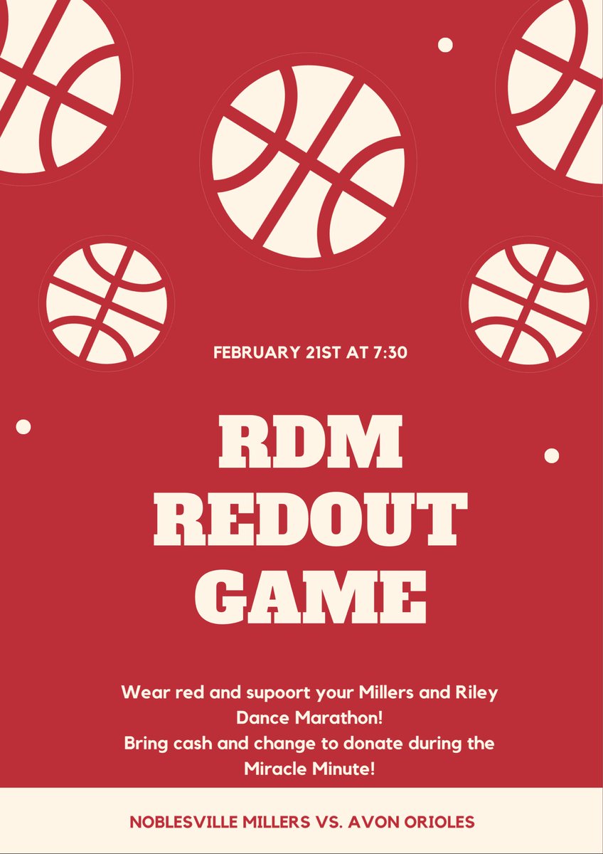 noblesvilleFTK's tweet photo. This Friday, come to the Mill for the Red Out game! Support your Millers as they play Avon, and bring $$ to donate during the Miracle Minute! #FTK https://t.co/gz20Vx7iHr