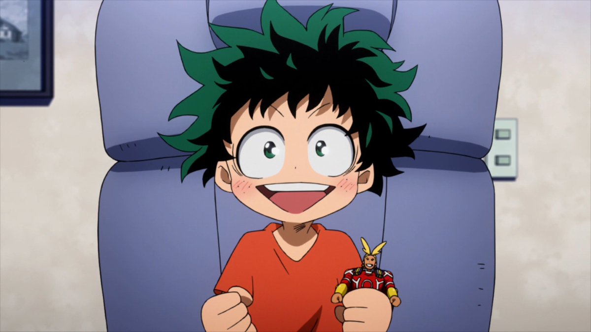 And here's another one where Deku's hair is blown back as a wonderful metaphorical illustration that the video he's watching has blown him away (again). Again, little things that add up and give the characters and scenes more dimension.