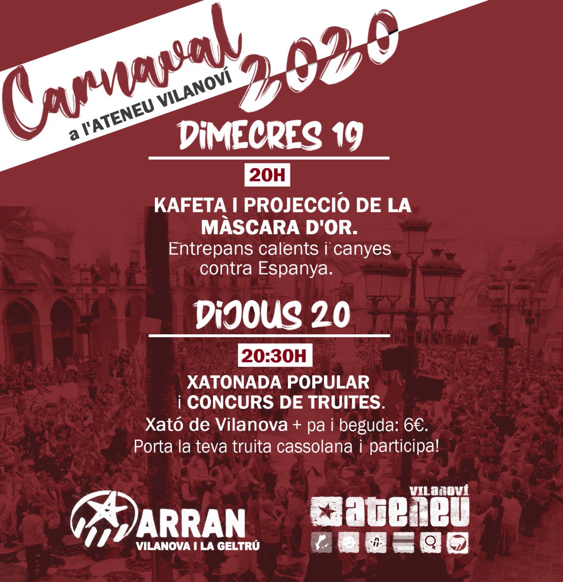 Ateneuvilanovi's tweet image. Agenda carnavalera per a prendre partit! ✊
▶️ Dimecres 19 i dijous 20, a l'Ateneu Vilanoví:

▶️ Dilluns 24, a l'Ateneu Vilanoví:
Vine a escoltar els coros d'en Carnestoltes.