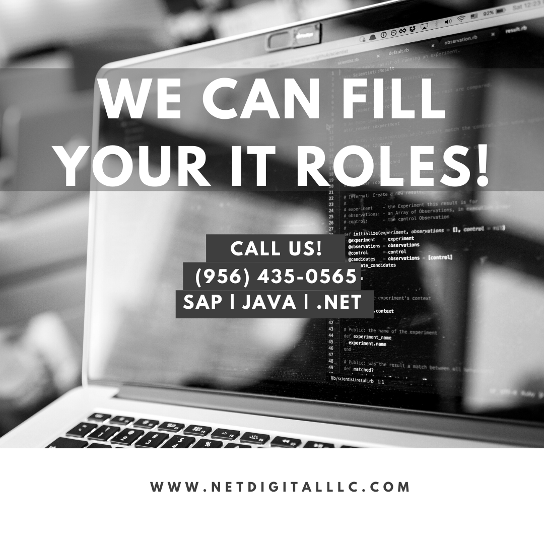 NetDigital_LLC's tweet photo. #Java, .#dotNet, #SAP developers and consultants!
Qualified Candidates, Competitive Rates &amp; Fast Response!

Give us a call or visit or website to learn more!
Phone: (956) 435-0565
https://t.co/bn8kQVWblM

#Humanresources #Services #Consultants #Developers https://t.co/t3MoX2gPLJ