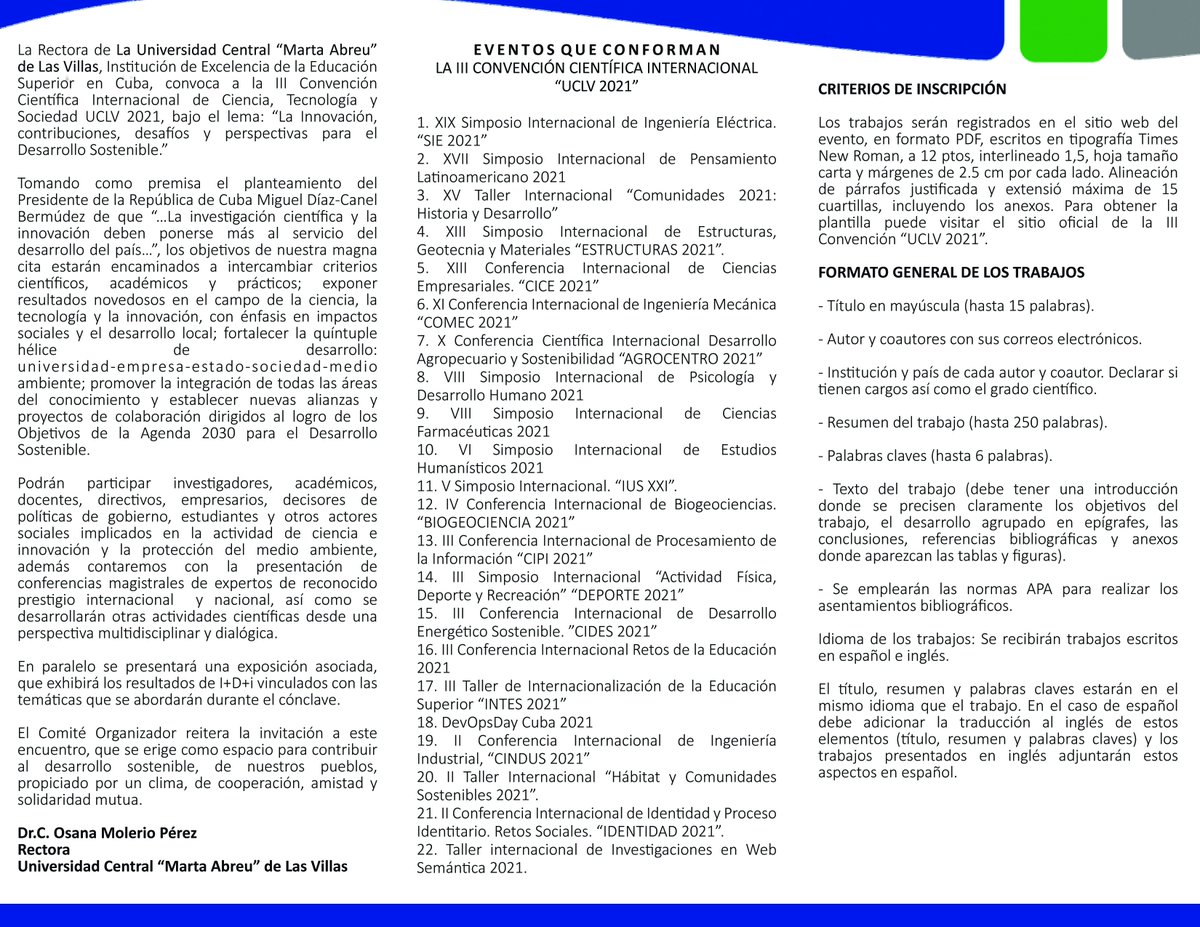 Llamado de la III CCI #UCLV2021 y algunos criterios que debe conocer para su inscripción.👇 #UCLVconCiencia