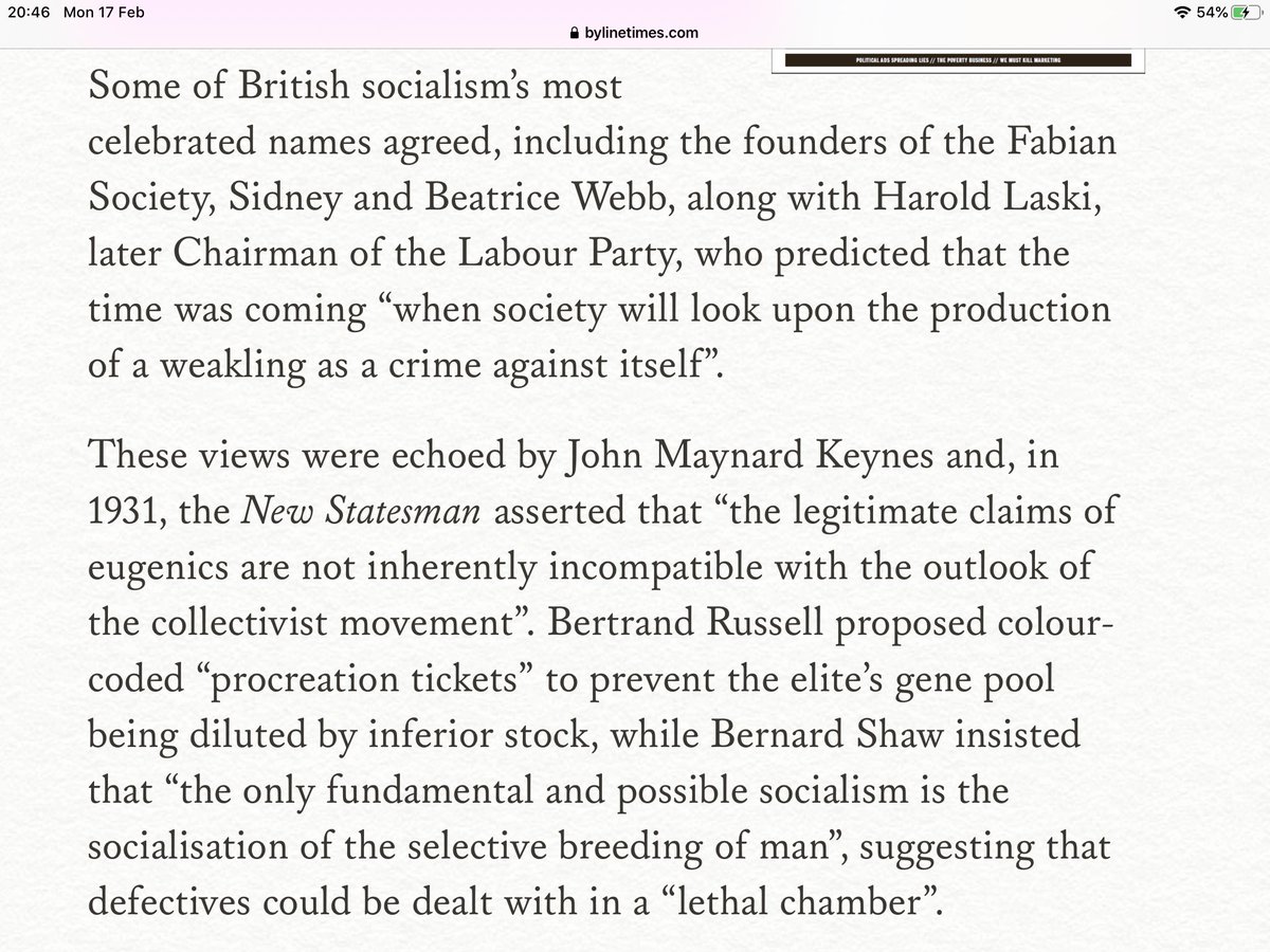 Beatrice and Sidney Webb and Harold LaskiThe time was coming “when society will look upon the production of a weakling as a crime in itself”Bertrand Russell proposed colour coded procreation tickets to prevent the élite’s gene pool being diluted by inferior stock.Shaw?