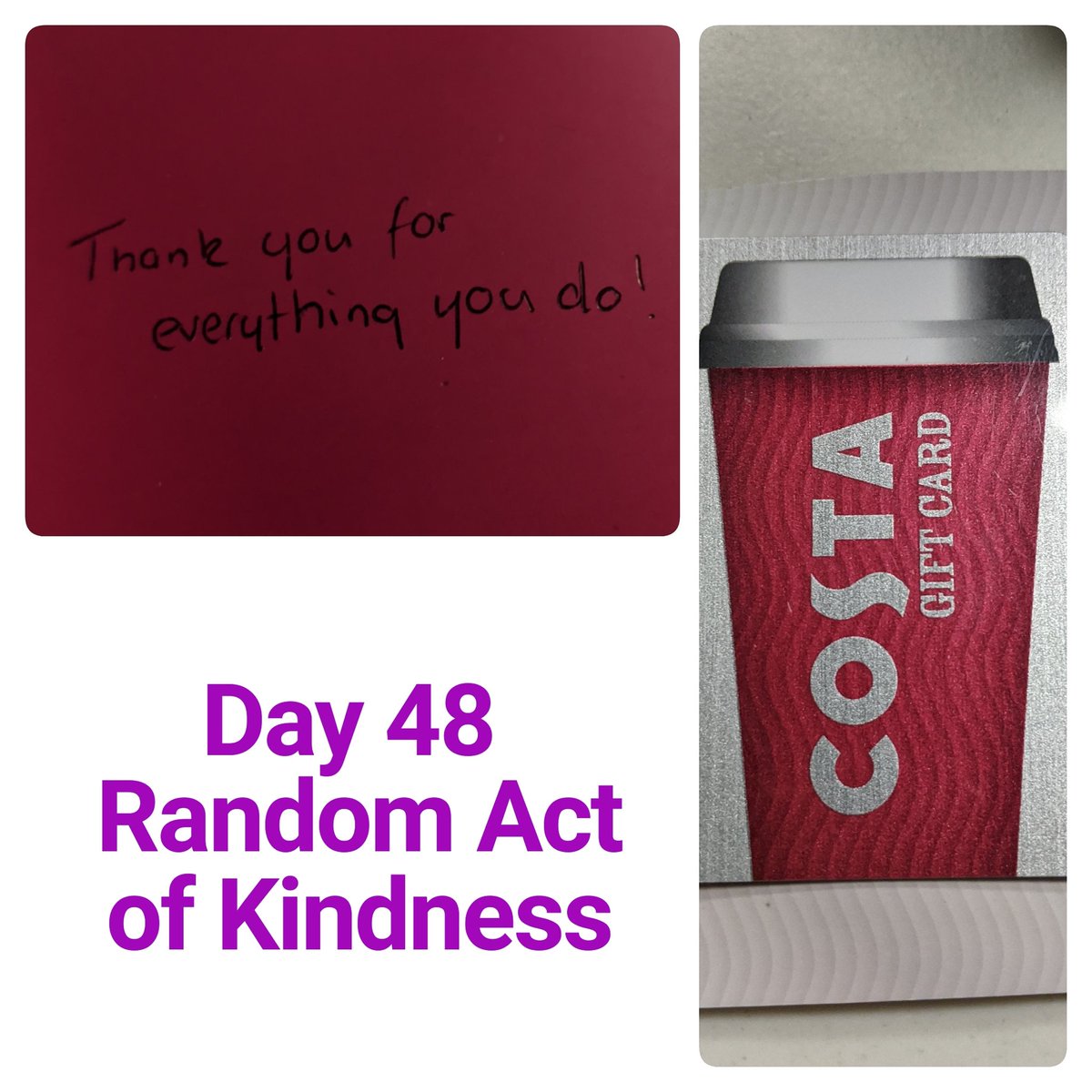 GemPenguin's tweet photo. Day 48 - Random act of kindness, I left a Costa gift card at the nurses station in Hull Royal. Doing something new everyday to raise money for @theCALMzone and it happens to be random act of kindness day!
#challenge366 https://t.co/bPhN1f1PVA https://t.co/QwPpbrV3z4