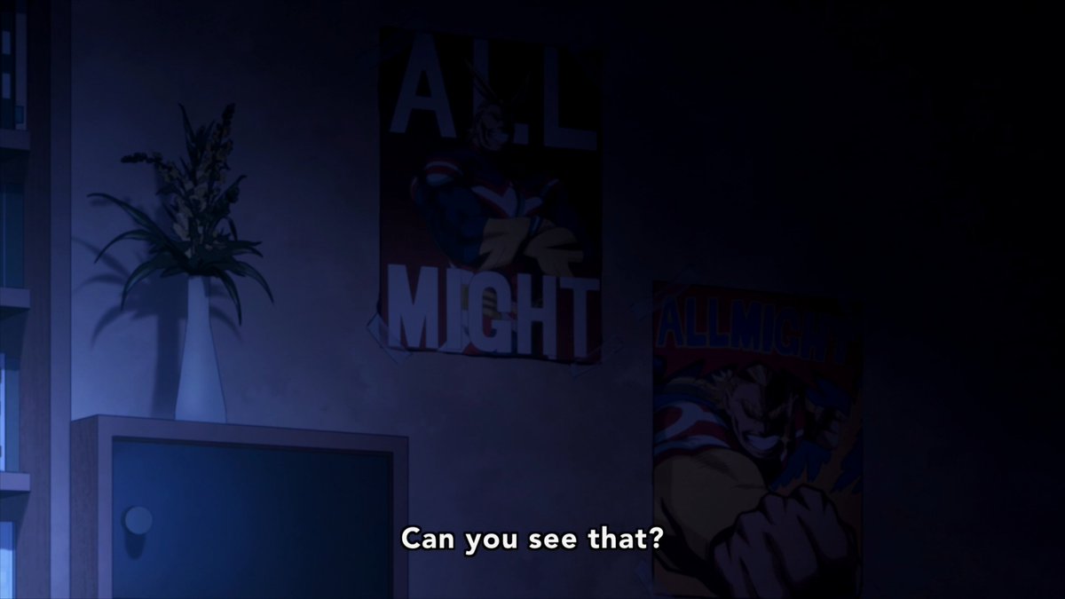 The computer screen being the only source of lighting in this scene and it playing the All Might video (+ that accompanying piano music ) post-dream shattering shock is but one powerful form of expression used to sell the emotions of this scene.