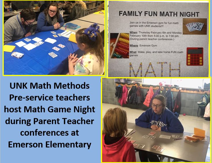 UNK Math Methods I and II pre-service teaching candidates volunteered to teach math-based card games with Emerson Elementary students while parents attended Emerson's Parent-Teacher Conferences on February 6 and 10. Thanks to all involved! <a href="/unkteachered/">UNK Teacher Ed</a>
