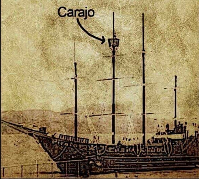 Vete al carajo! 
Carajo se refiere a una pequeña canastilla que se encontraba en lo alto del palo mayor de las carabelas y desde donde los vigías oteaban el horizonte. Cuando un marinero cometía alguna falta se le mandaba «al carajo» como castigo.