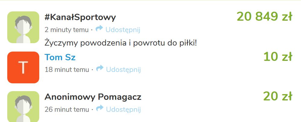 Michał Pol (@polsport) on Twitter photo Poruszeni historią pana Przemka, któremu czerniak zniszczył pasję do piłki i zagraża życiu, postanowiliśmy z <a href="/K_Stanowski/">Krzysztof Stanowski</a> <a href="/BorekMati/">Mateusz Borek</a> i <a href="/TSmokowski/">Tomasz Smokowski</a> przelać mu 20 849 zł jakie nam zostało z donejtów na #KanałSportowy. Zachęcamy do dopełnienia zbiórki!
siepomaga.pl/ratujemy-przem… Poruszeni historią pana Przemka, któremu czerniak zniszczył pasję do piłki i zagraża życiu, postanowiliśmy z <a href="/K_Stanowski/">Krzysztof Stanowski</a> <a href="/BorekMati/">Mateusz Borek</a> i <a href="/TSmokowski/">Tomasz Smokowski</a> przelać mu 20 849 zł jakie nam zostało z donejtów na #KanałSportowy. Zachęcamy do dopełnienia zbiórki!
siepomaga.pl/ratujemy-przem…