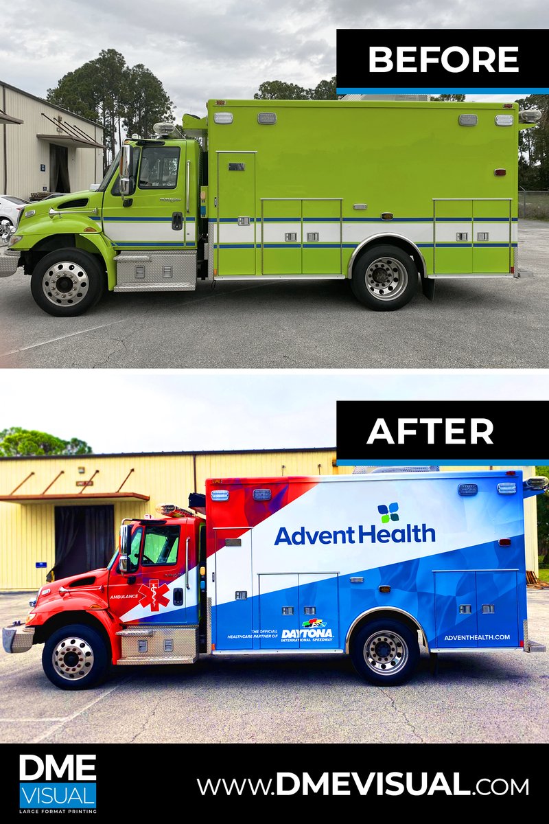 DMEVisual's tweet image. Recently we did custom wraps for 2 of AdventHealth's larger ambulances to help increase their branding. Check out the before and after photo. 

#vehiclewraps #ambulancewraps #largeformatprinting