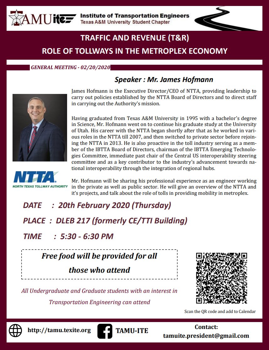 TAMUite (@itetamu) on Twitter photo Join us for a general meeting on Feb 20th at 5:30 pm in DLEB 217 with Mr. James Hofmann, from NTTA.
He will share his professional experience, give an overview of the NTTA, and talk about the role of tolls in providing mobility in the metroplex.
<a href="/TAMUEngineering/">TAMU Engineering</a> <a href="/TAMUCVEN/">TAMU Civil & Environmental Engineering</a> Join us for a general meeting on Feb 20th at 5:30 pm in DLEB 217 with Mr. James Hofmann, from NTTA.
He will share his professional experience, give an overview of the NTTA, and talk about the role of tolls in providing mobility in the metroplex.
<a href="/TAMUEngineering/">TAMU Engineering</a> <a href="/TAMUCVEN/">TAMU Civil & Environmental Engineering</a>