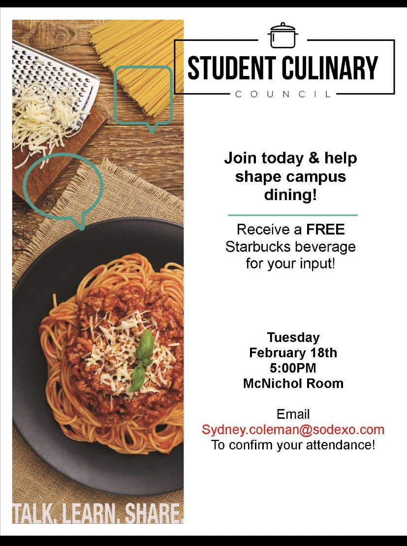 NeumannUDining's tweet image. Tomorrow! Stop by to participate in our Student culinary council meeting at 5pm in the McNichol room! All are welcome! We hope to see you there!