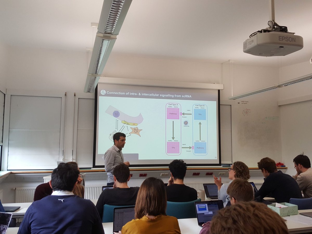 CompHealthMuc's tweet photo. Pathway-based activity scores can provide interpretable reduced dimensions even on sparse single cell data!Julio Saez-Rodriguez @sysbiomed showcased his integrated pathway database @omnipathdb &amp; dynamic logic models to better explain drug response mechanisms #ICBLunchtimeSeminar https://t.co/x5Xjk69PYX