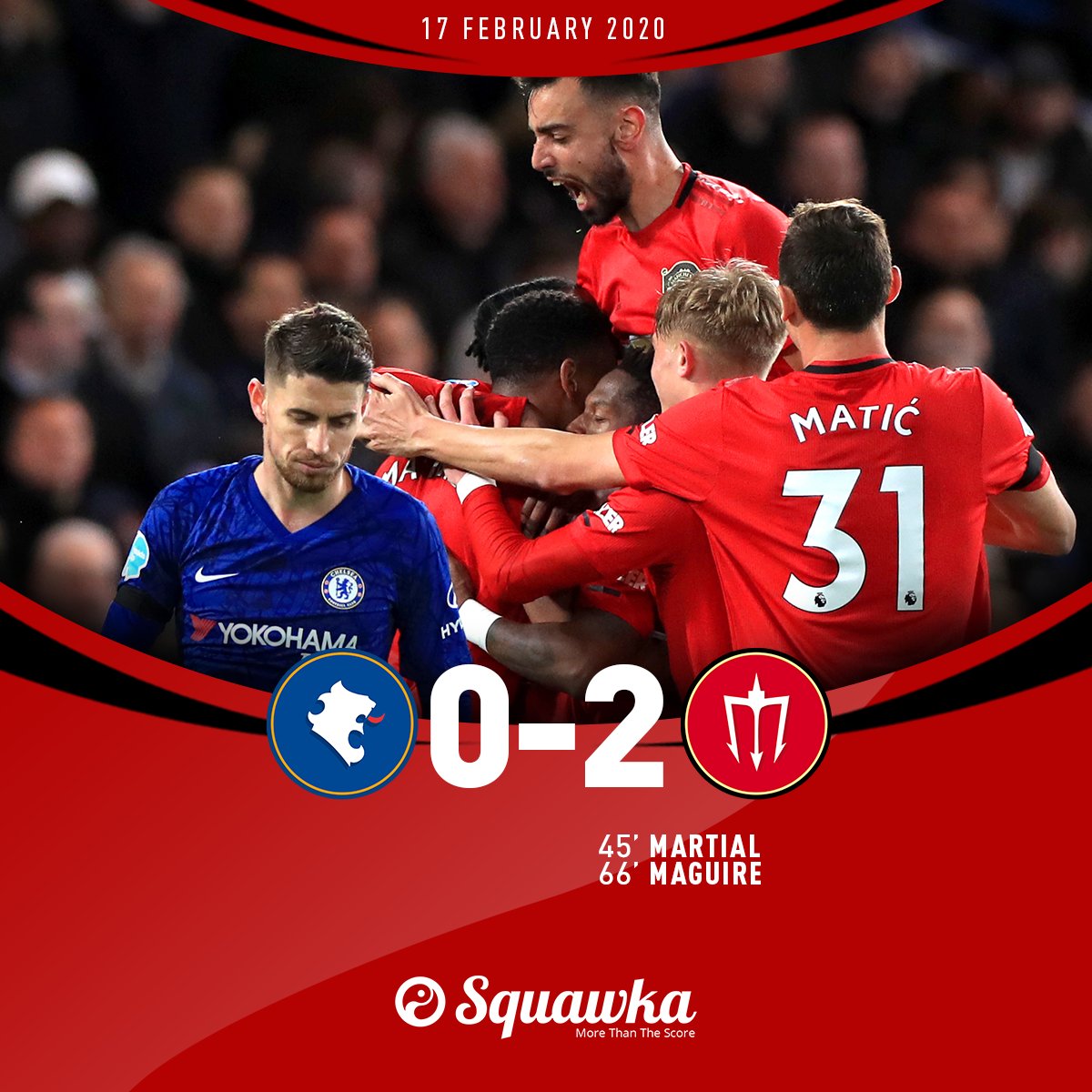 Squawka's tweet photo. August 2019: Man Utd 4-0 Chelsea

February 2020: Chelsea 0-2 Man Utd

Manchester United complete the Premier League double over Chelsea for the first time. 🤯 https://t.co/65sUBnbJ2X