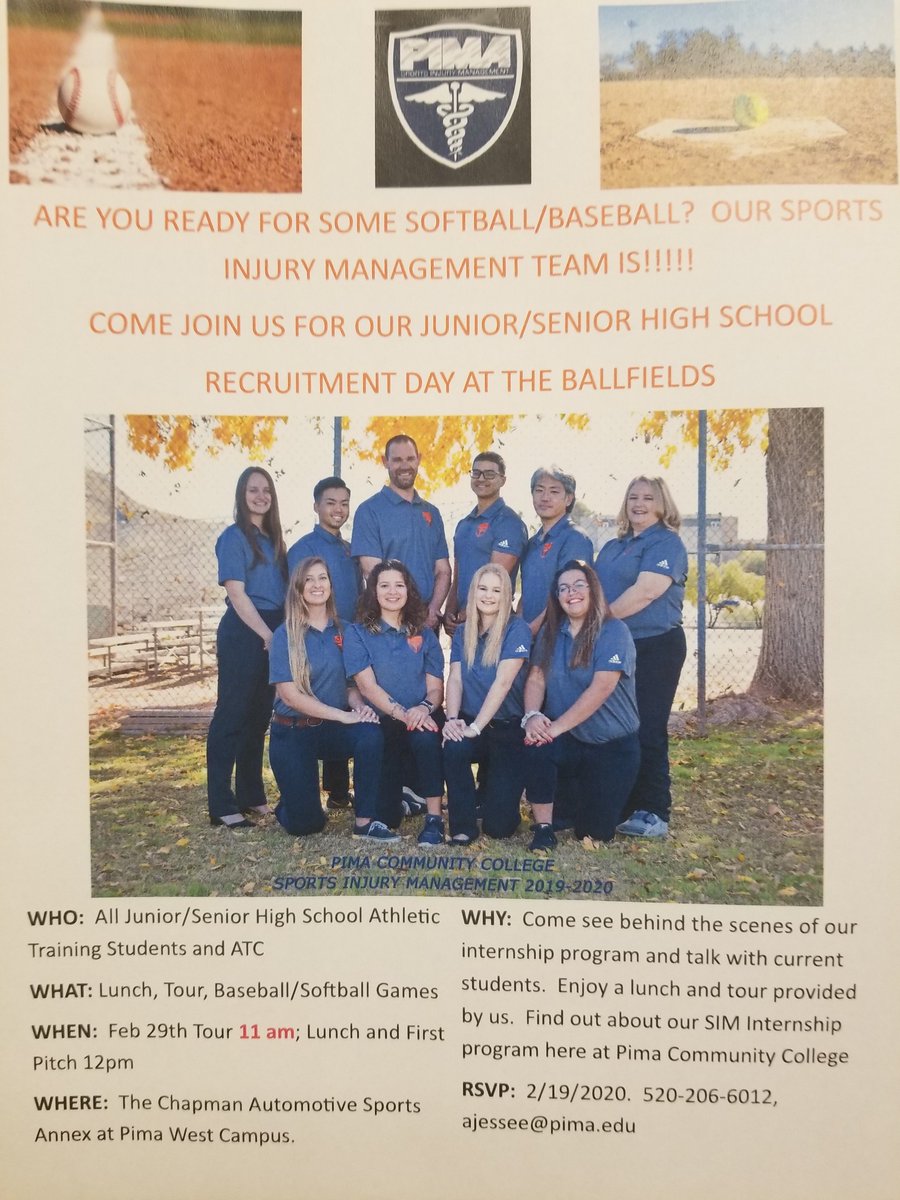 PimaAthletics's tweet photo. Pima Sports Injury Management is having their 5th Annual Recruitment Day at the baseball and softball fields on Feb. 29. There is updated information on applying for the Internship program for 2020-21. Visit the Sports Injury Management webpage. #PimaSIM
https://t.co/h1UaFvkMsR https://t.co/R9a0GF5KvM